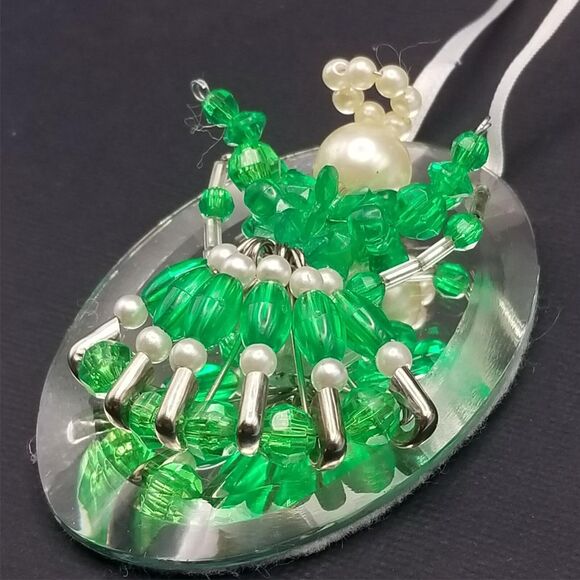 Vintage Beaded Angel Ornament Mirror 3" Bright Green Handmade Safety Pins - Picture 4 of 4